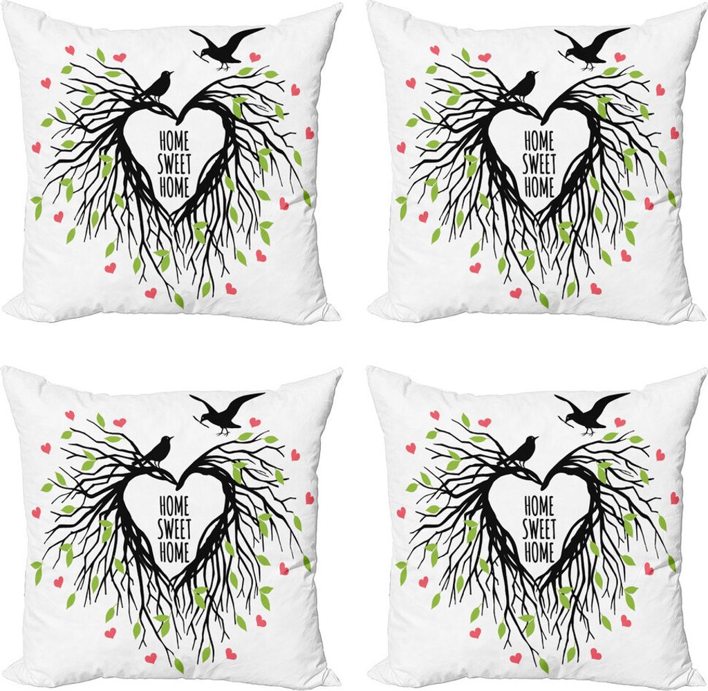 ABAKUHAUS Baum des Lebens Kissenbezug Set (4 Stück), Romantischer Vogel, Moderner Doppelseitiger Digitaldruck, 50 cm x 50 cm, Schwarz, Grün, Rosa