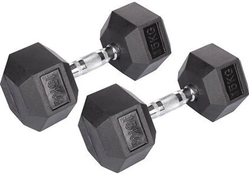 Haltères Merco 15kg Hexagonaux Revêtement Caoutchouc - Paire de Poids