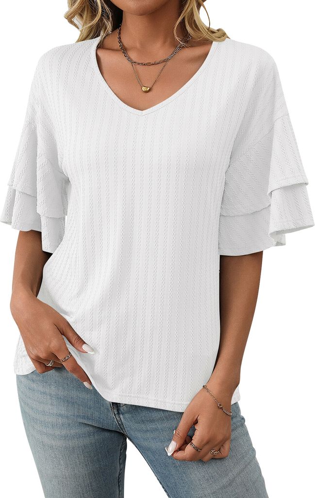 ASKSA Damen T-Shirt Rueschen aermel Bluse V-Ausschnitt Sommer Elegant Oberteile Einfarbig Lose Laessig Tunika Shirts Casual Tops (Weiss,XXL)