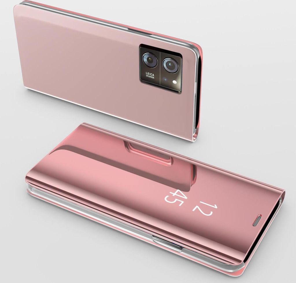 A pink smartphone with a clear view flip case is shown from two angles against a light gray background.