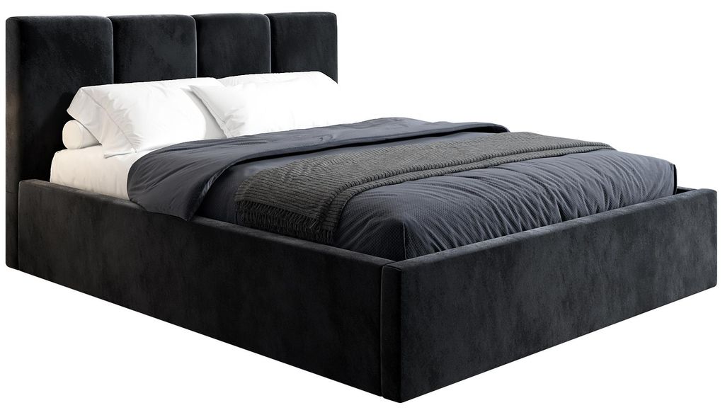 Polsterbett 180x200 cm SENS - Doppelbett mit Bettkasten & Lattenrost - Velourstoff - Schwarz (Riviera 100)