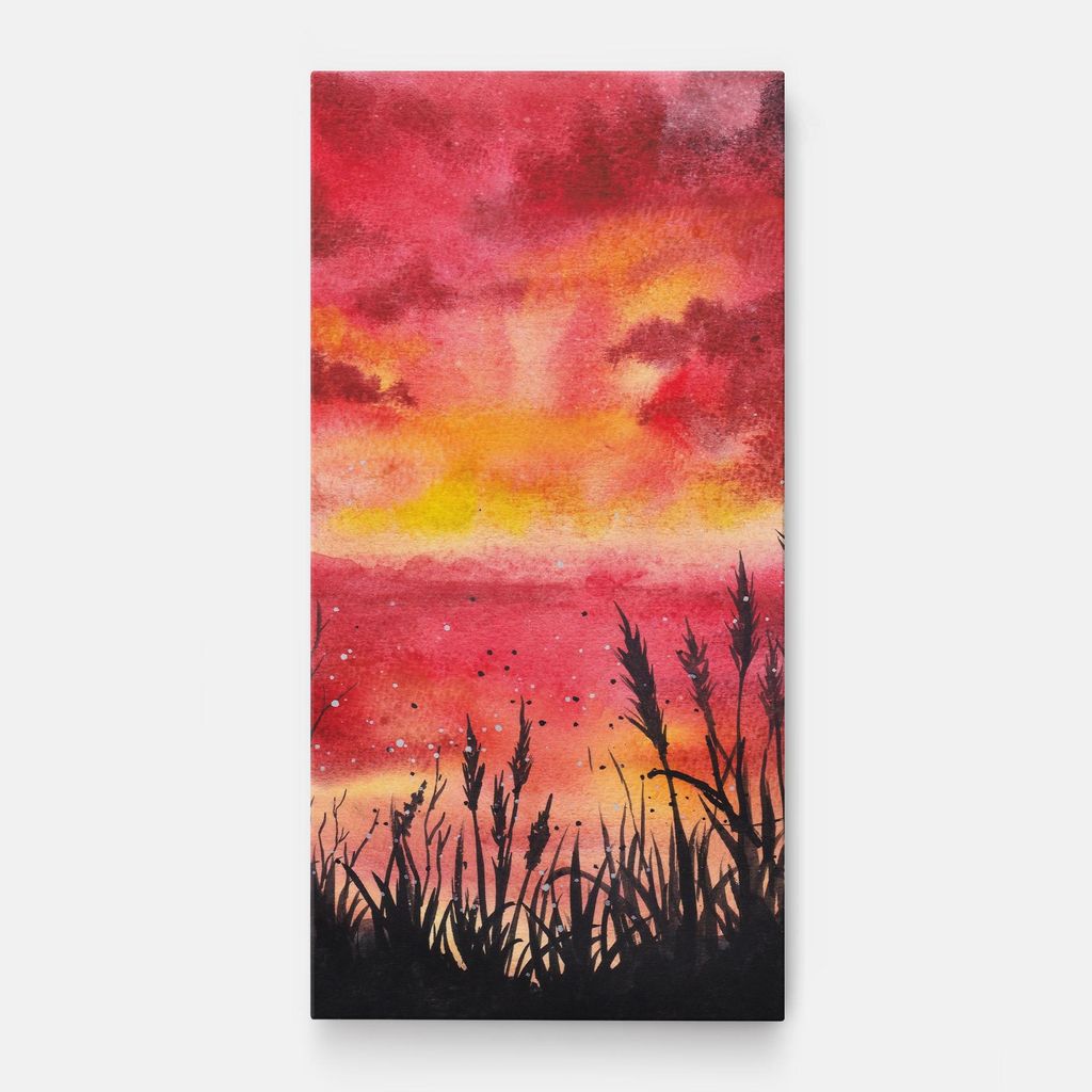 ARTHUB Leinwandbild 50x100 cm, Watercolor Pink Sunset Painting | Wohnzimmerdekoration, Hängende Bilder, Wanddekoration, Heimdekoration, Landscha...