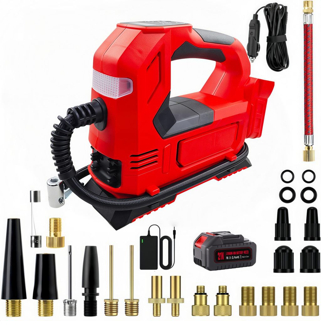 Elektrische Luftpumpe, mit 21V Akku und Ladegerät, 150 PSI, Wiederaufladbare, Tragbarer Akku-Kompressor mit LED-Leuchte und Digitalem Manometer,Rot