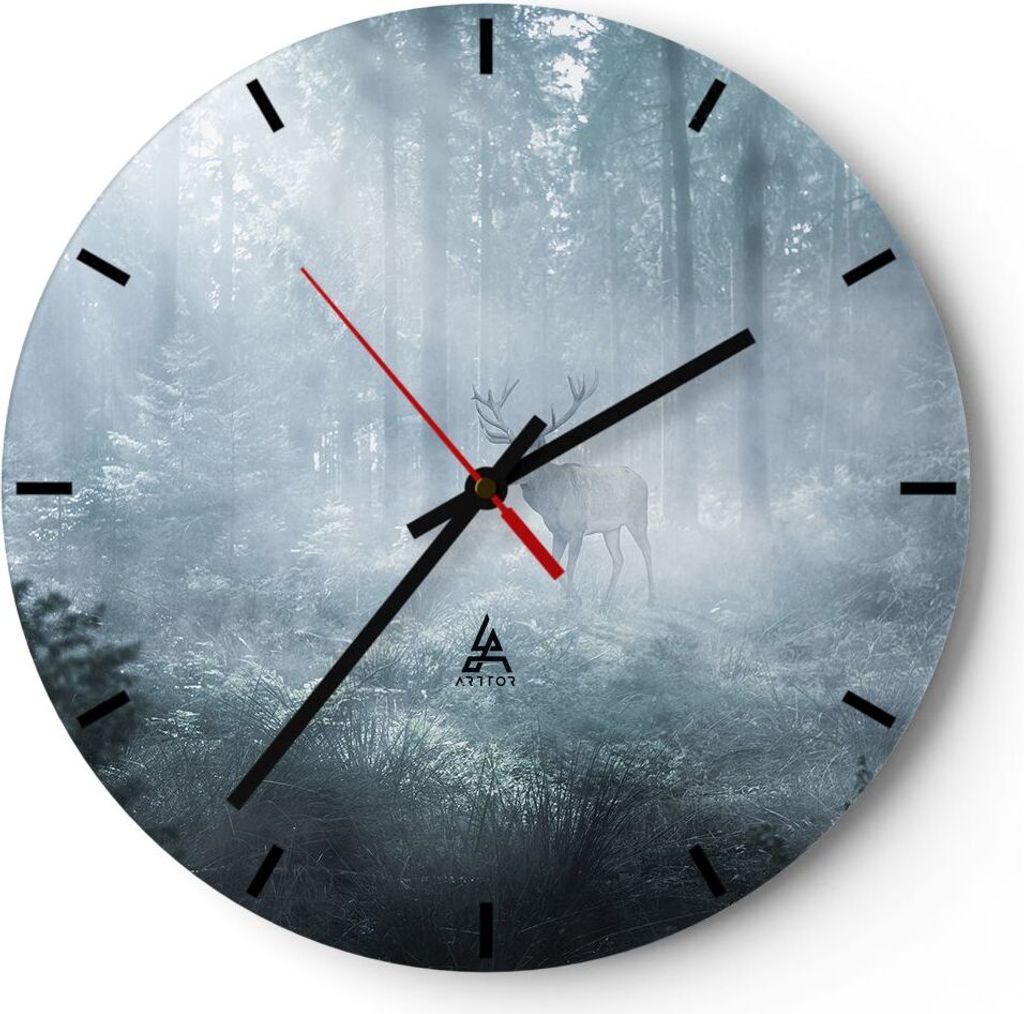 Wanduhr - Rund - Glasuhr - Hirsch Wald Morgendämmerung - Produktbild 