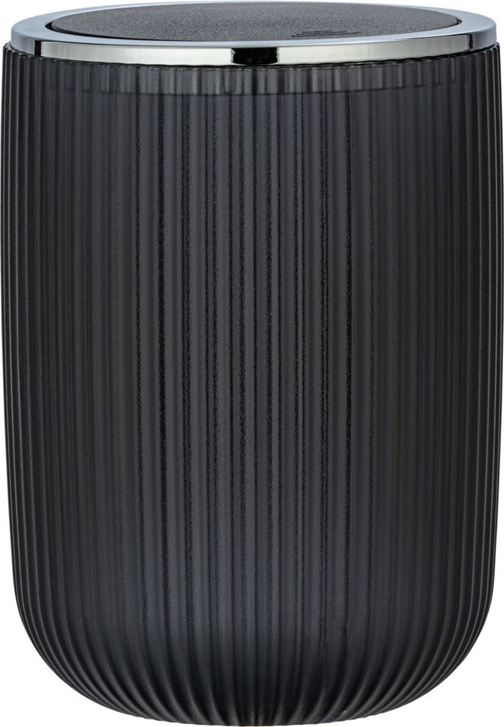 A black trash can with a silver rim.