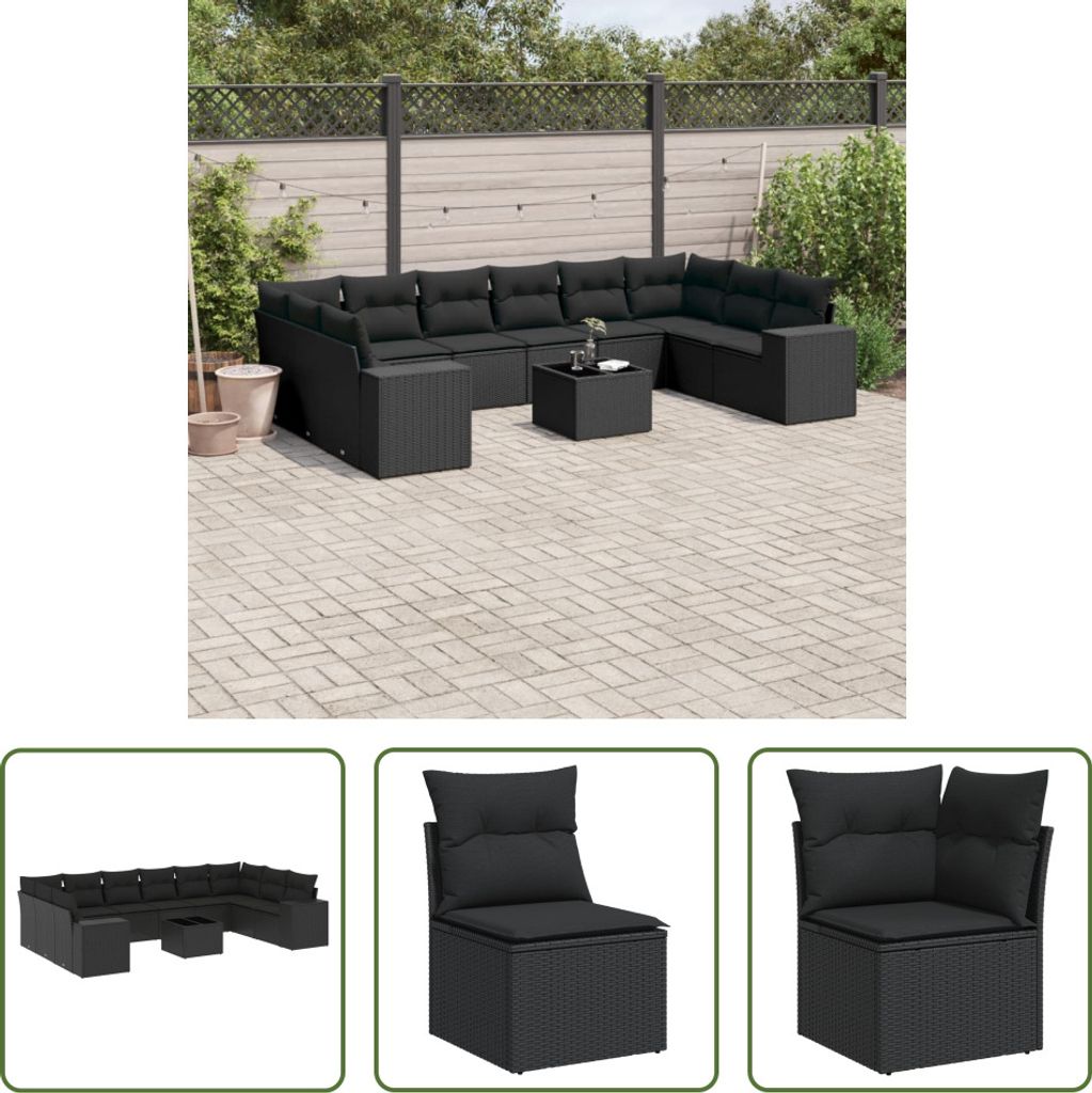The Living Store 11-tlg. Garten-Sofagarnitur mit Kissen Schwarz Poly Rattan