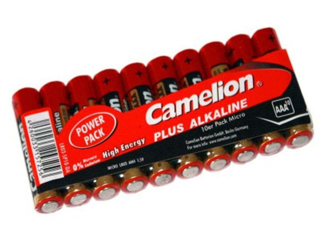 A pack of 10 Camelion Plus Alkaline AAA batteries.