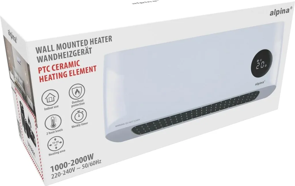 Chauffage Mural 2000W ALPINA Blanc à Affichage LED et Télécommande Pro