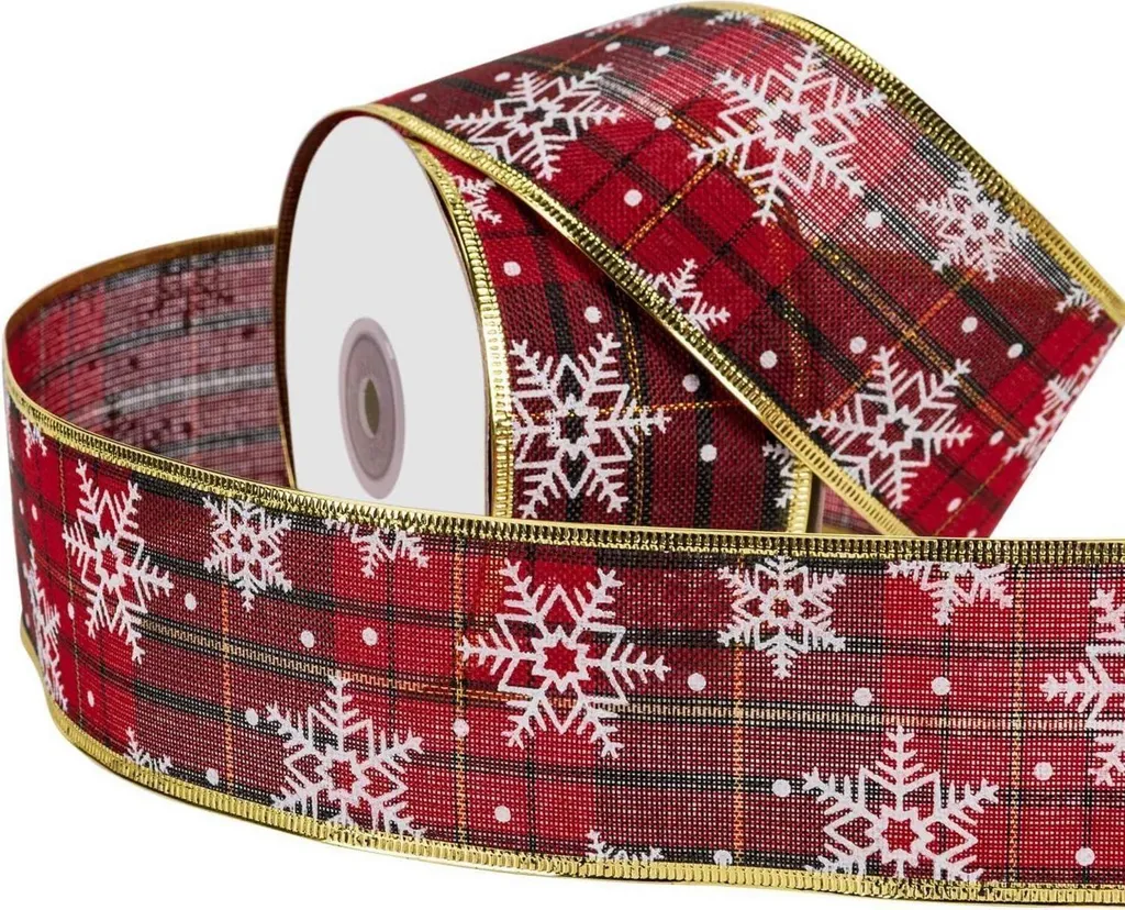 Ruban décoratif de Noël en toile à carreaux et flocons 63mm pour sapin