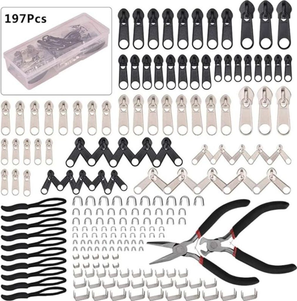 Ersatzreißverschluss, 197-teiliges Reißverschluss-Reparaturset mit Reißverschluss-Montagezange für Taschen, Jacken, Zelte, Gepäckstücke und S...