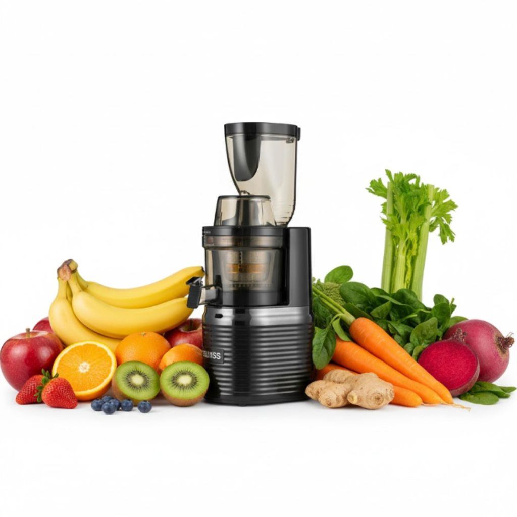 4Swiss Entsafter | Slow Juicer BM202 | Entsafter, Saftpresse, Kaltpressung | 40 U/Min, Ultem-Schnecke, XXL-Einfüllschacht, Leise, BPA-frei