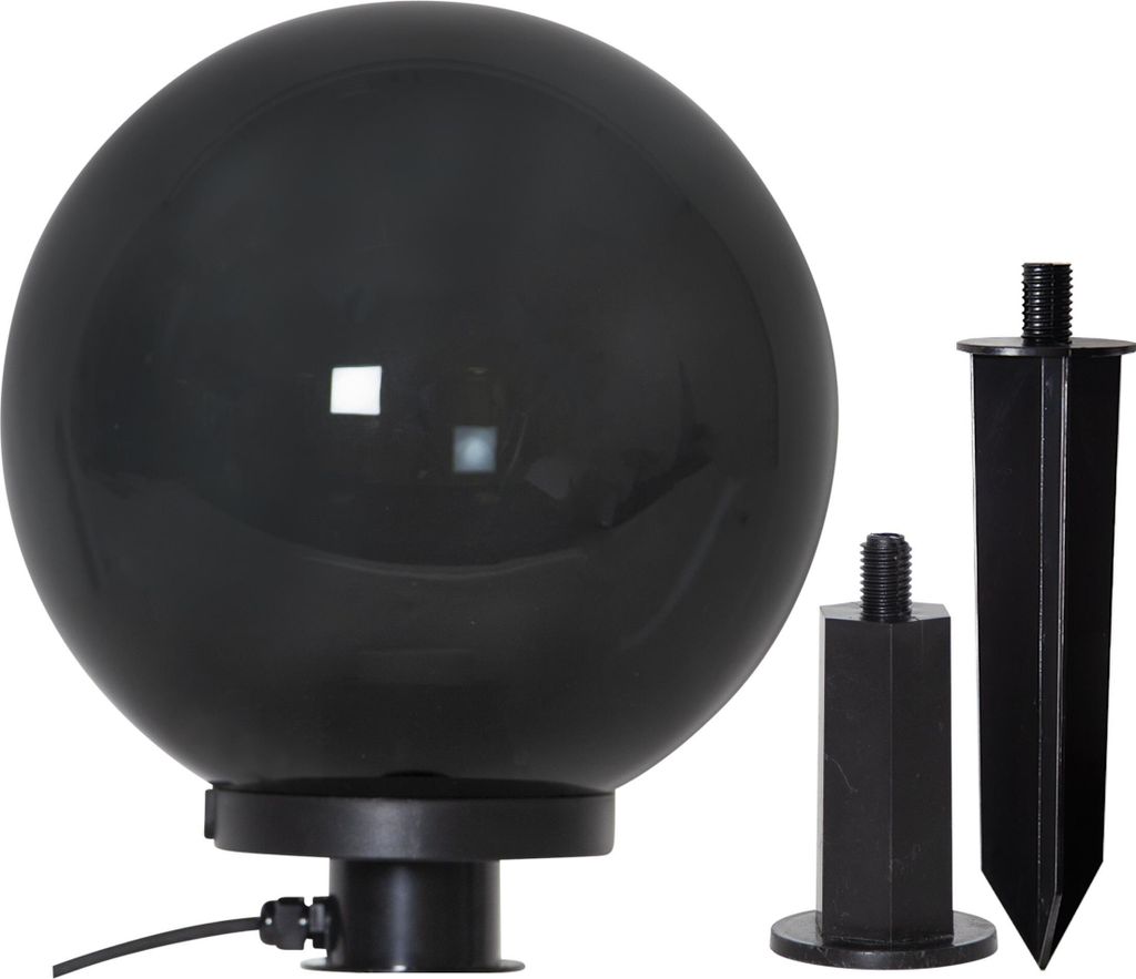 A black decorative sphere with two black ground spikes.