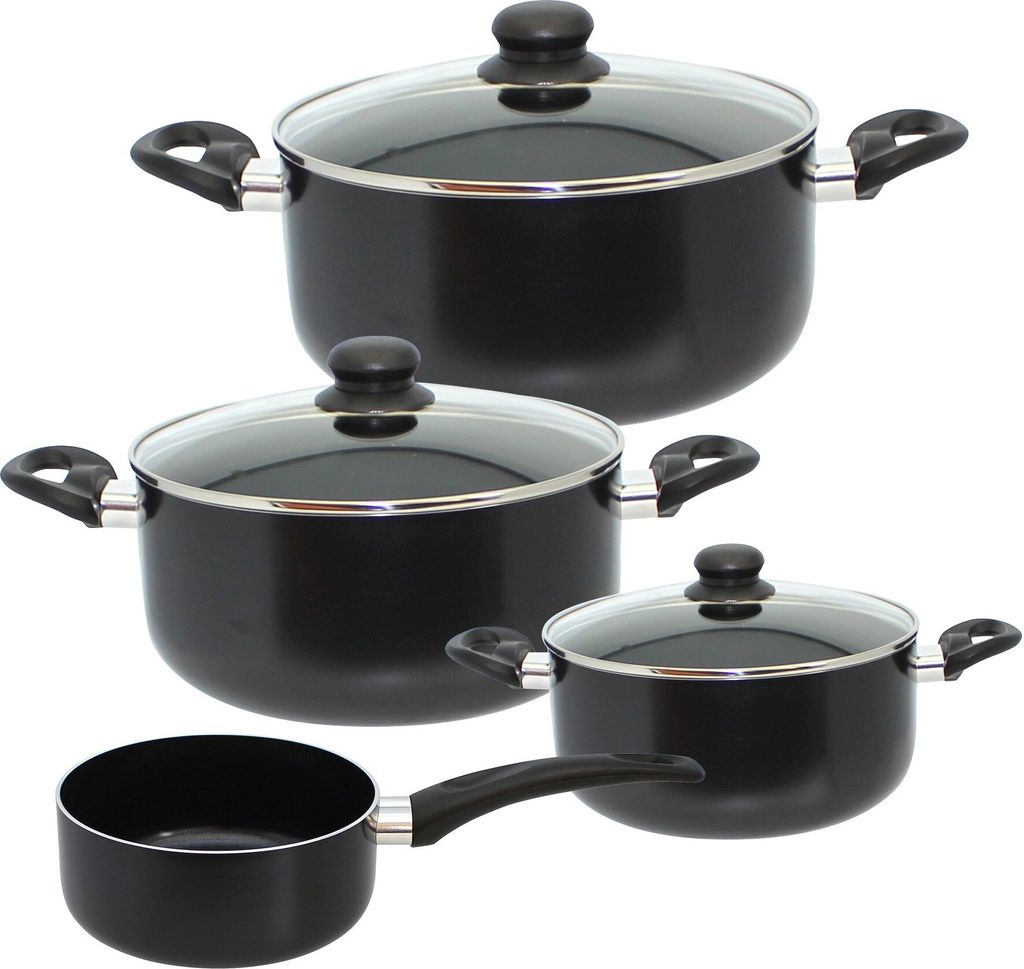 ELO Topfset Metis aus gepresstem Aluminium, 3 Kochtöpfe mit Glasdeckeln & Stielkasserolle, Ø 16-24 cm, für alle Herdarten geeignet