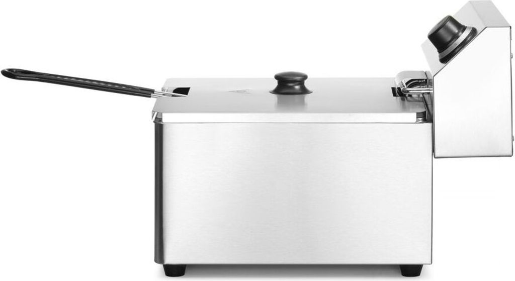 A side view of a stainless steel deep fryer with a black lid handle and a black control knob.