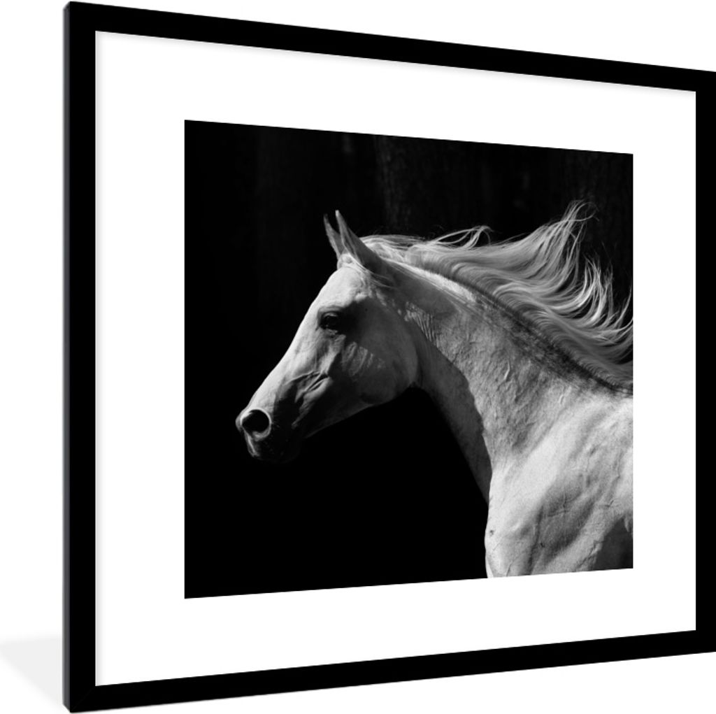 MuchoWow MuchoWow Gerahmtes Poster Pferd - Weiß - Schwarz 40x40 cm - Poster mit zchwarzem Bilderrahmen - Poster - Plakat im Rahmen