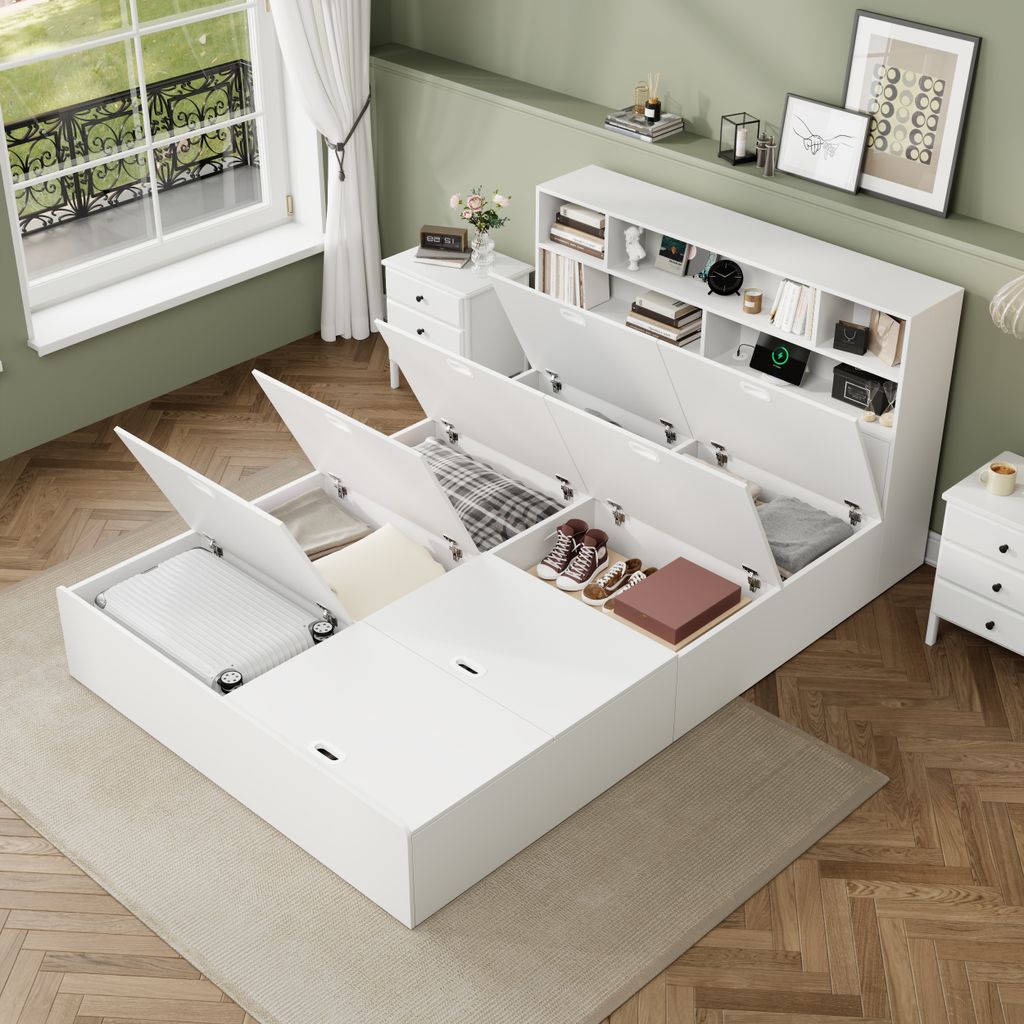 Flieks Doppelbett Holzbett 140x200cm mit 8 Aufbewahrungsboxen, Jugendbetten Klassisches Bett mit Ladefunktion und Staufächern, Stauraumbett Weiß