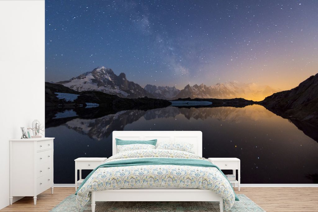 MuchoWow Fototapete für Wohnzimmer oder Schlafzimmer Wandtapete Vinyl Motivtapete Prächtiger Sternenhimmel über dem Mont Blanc - 450x300 cm - ...