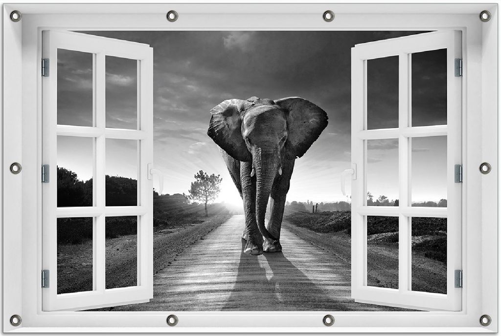 Wallario Outdoor-Poster für Garten oder Balkon 80 x 120 cm: Elefant bei Sonnenaufgang in Afrika schwarzweiß