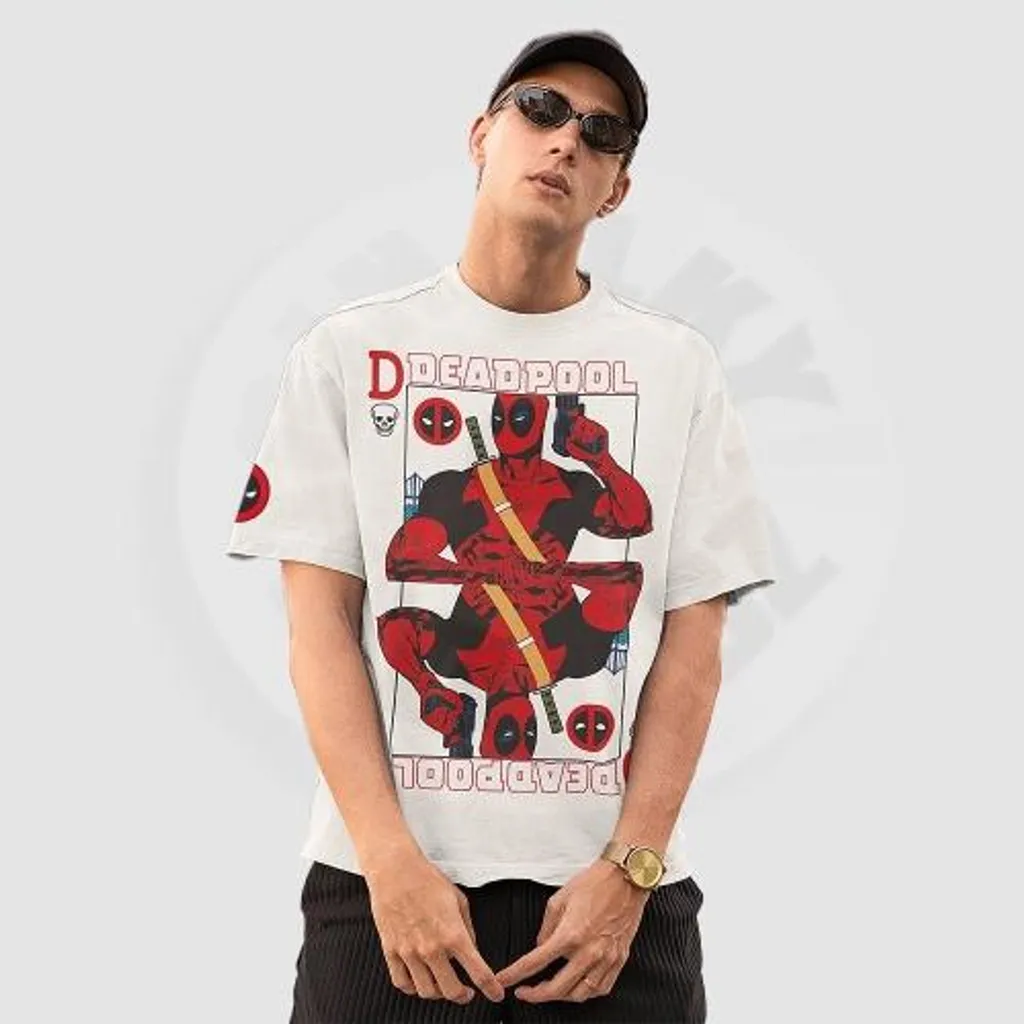 T-shirt Oversize Deadpool Imprimé Carte Marvel en Coton Doux Taille L