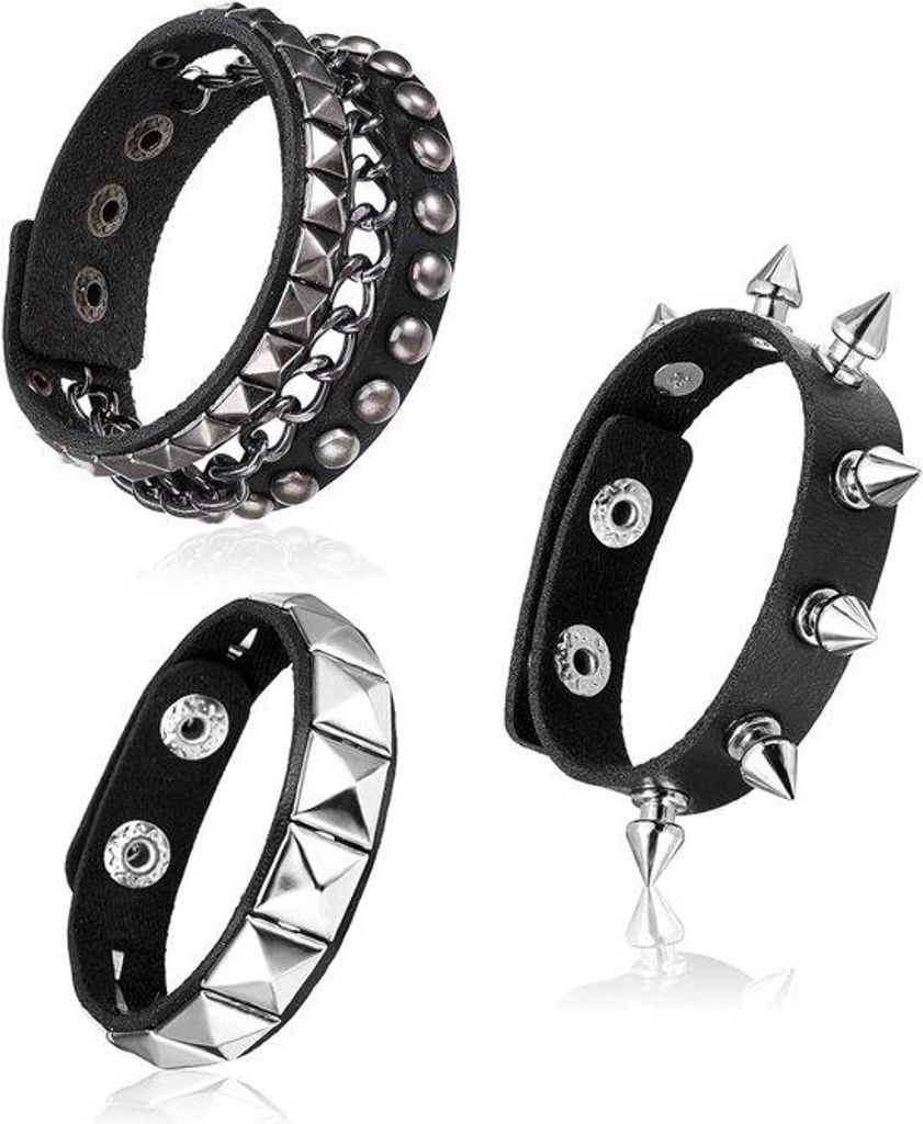 Leather-Armbänder in Set von 3 mit Spikes - Verstellbare Manschetten für Männer und Frauen - Für 80er-Themenpartys und Halloween - Lederpolsban...