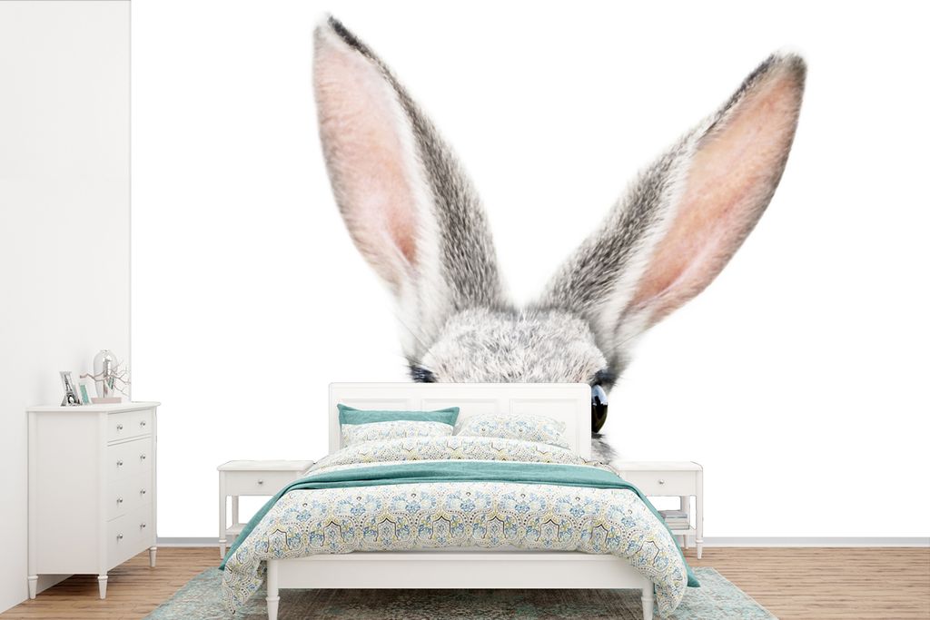 MuchoWow Fototapete für Wohnzimmer oder Schlafzimmer Wandtapete Vinyl Motivtapete Kaninchen - Tiere - Natur - Weiß - 600x400 cm - Vinyltapeten