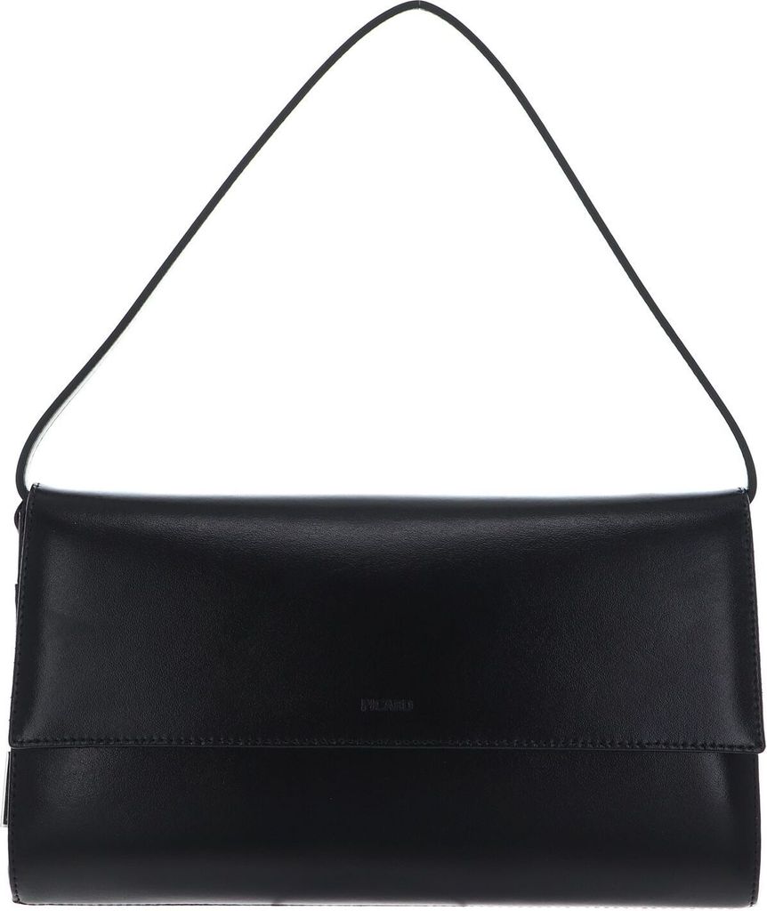 A black clutch bag with a thin strap, presented against a white background.