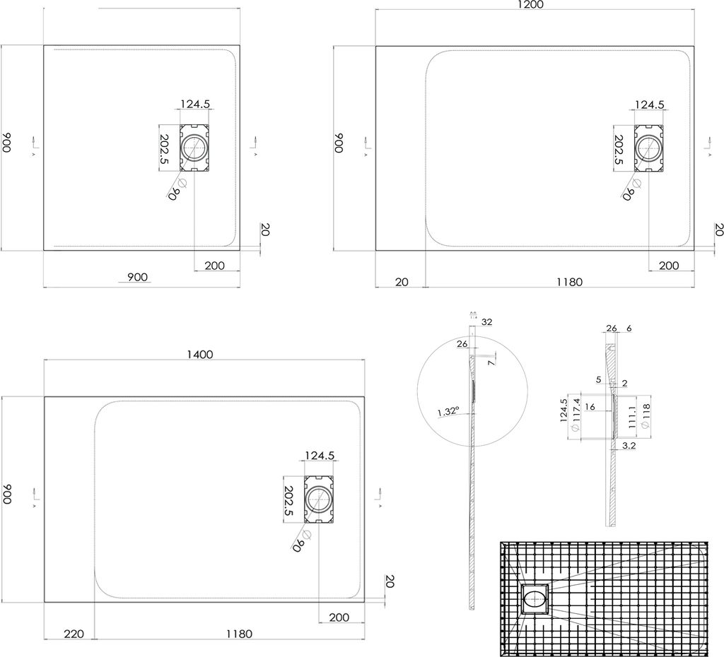 Duschtasse Duschwanne rechteckig GT-Serie - Aus SMC - Schwarz - 90 x 3,2 cm - Länge und Zubehör wählbar, Ablaufgarnitur:Ohne Ablaufgarnitur, Ma...