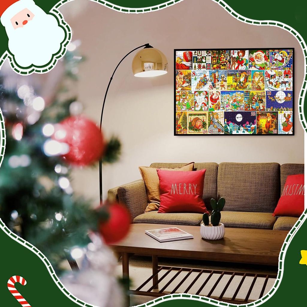Weihnachts-Puzzle 1000 Teile - Vintage Weihnachtsstempel Puzzle - Adventskalender 24 Tage - Für Erwachsene und Kinder - Jungen und Mädchen - Weih...