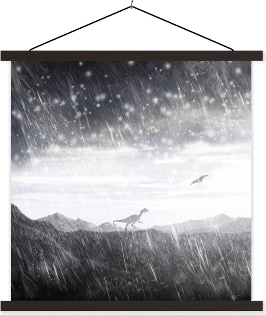 MuchoWow Textilposter Dinosaurier - Schwarz - Weiß - Regen 40x40 cm mit schwarzem Rahmen - Fotos