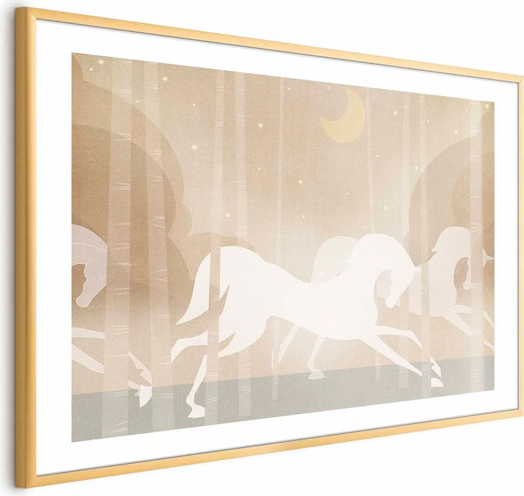 Poster Artistico Rushing Steeds con Cornice Oro e Passe-partout