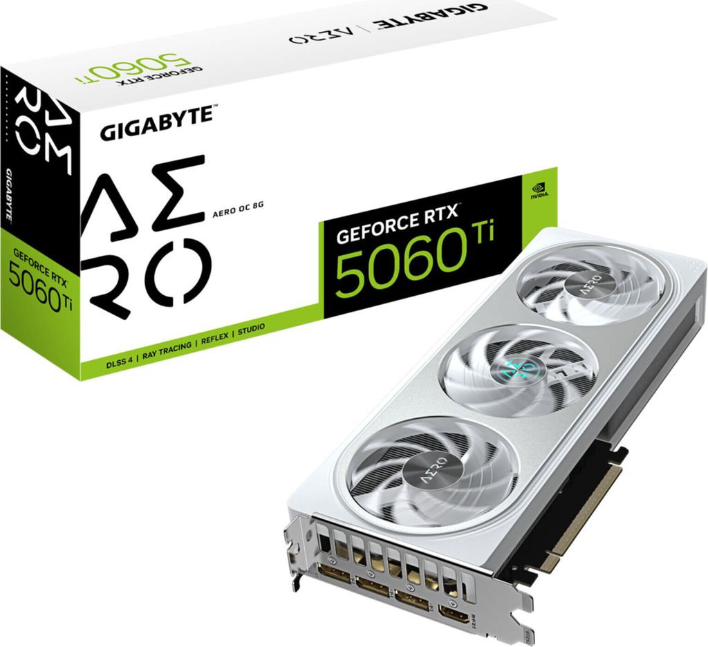 GIGABYTE GeForce RTX 5060 Ti AERO OC 8G Grafikkarte – 8 GB GDDR7, 128 Bit, PCI-E 5.0, 2647 MHz Kernfrequenz, 3 x DisplayPort, 1 x HDMI, GV-N506TA...