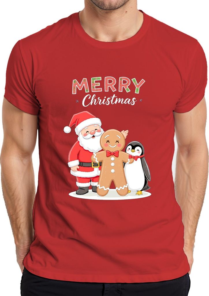 Merry Christmas Weihnachtsmann Lebkuchenmann Pinguin Weihnachten Herren T-Shirt, Rot, S