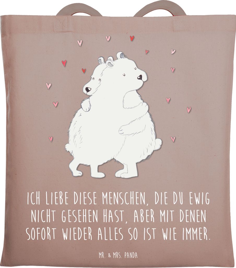 Mr. & Mrs. Panda Jutebeutel Eisbär Umarmen - Braun Pastell - Geschenk, Shopping Tasche, Schultasche, Tote Bag, Uni, Lustige Sprüche, Laptoptasche