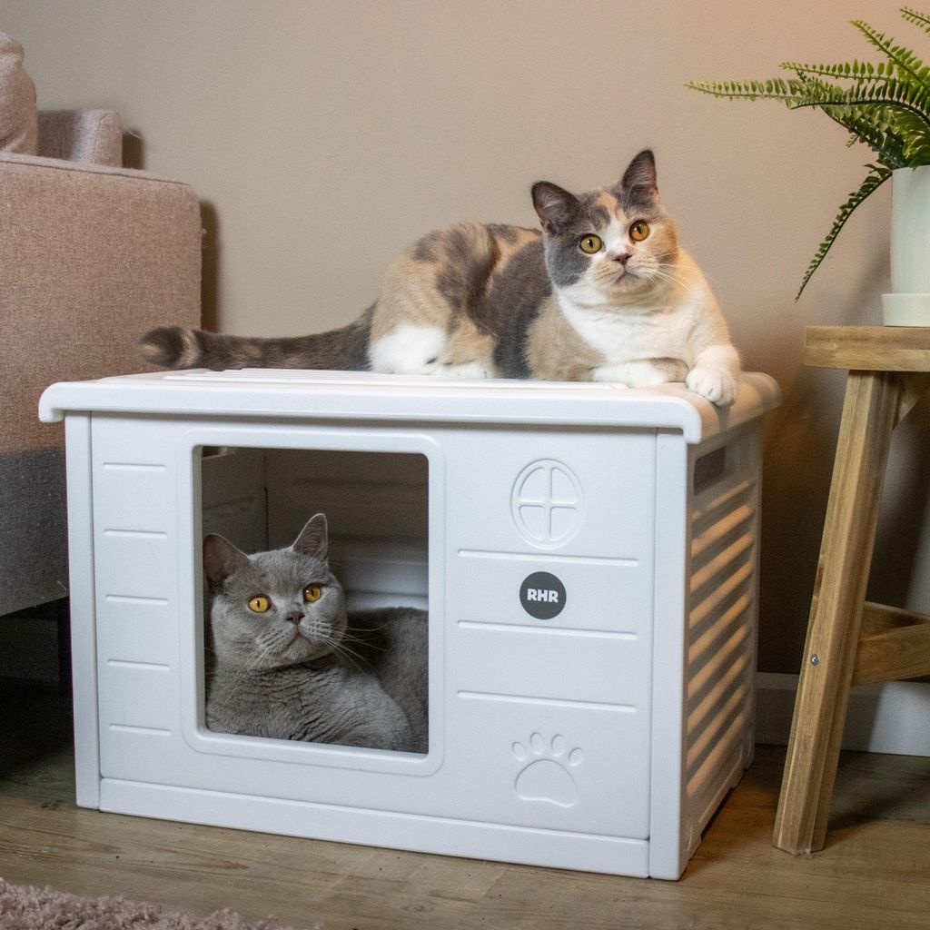 RHRQuality Katzenhaus Villa de Luxe – Für drinnen und draußen – Wetterfest und transportabel – Mit XL-Eingang (22 x 26 cm) – Weiß