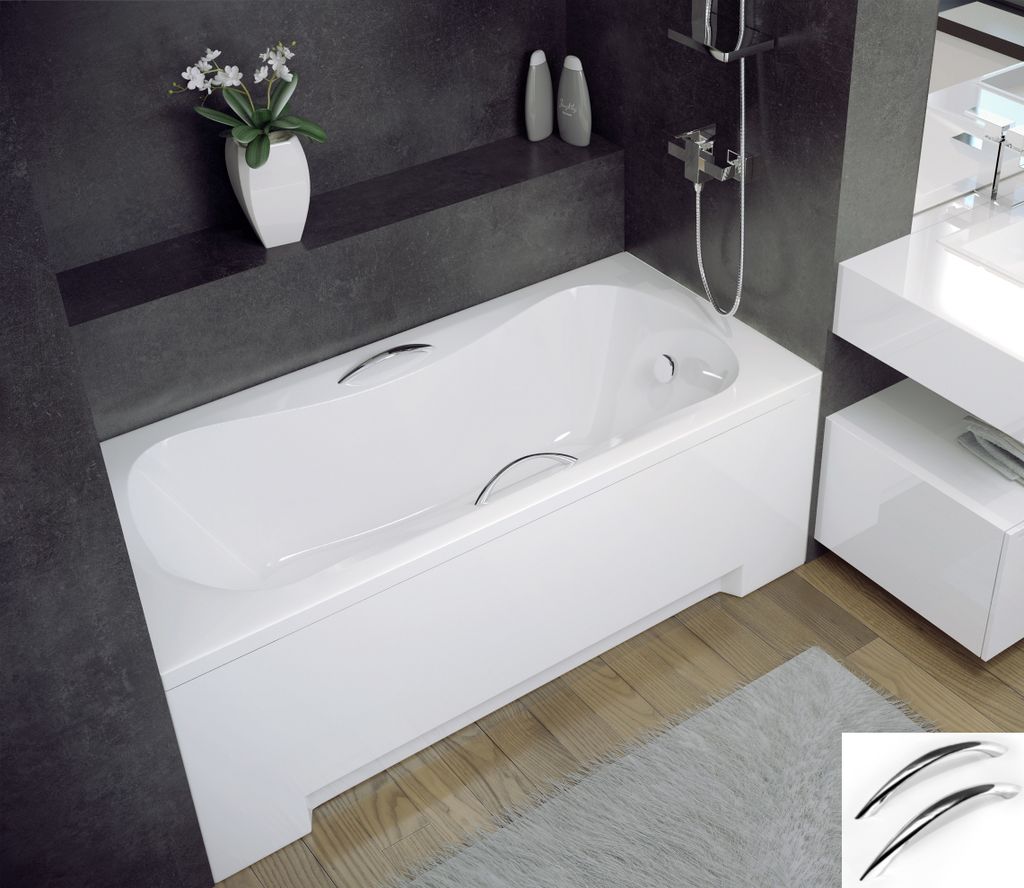 ECOLAM Badewanne Wanne Acryl Rechteck AR-Besco 160x70 + Handgriffe Schürze Füße Silikon Ablaufgarnitur Ab- und Überlauf GRATIS