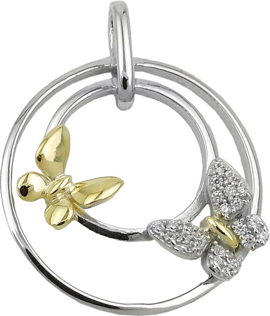 Anhänger 24mm 2 Schmetterlinge weiße Zirkonia 925 Silber bicolor vergoldet