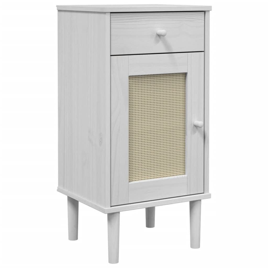 Hochwertige Nachttisch SENJA Rattan-Look Weiß 40x35x80 cm Massivholz Kiefer, Nachtkommode DE38074