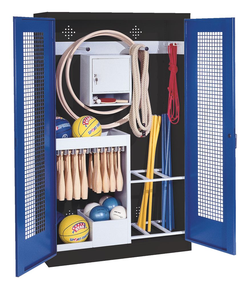 C+P Sportgeräteschrank mit Lochblech-Flügeltüren (Typ 1), HxBxT 195x120x50 cm, Enzianblau (RAL 5010), Ergo-Lock Muldengriff, Anthrazit (RAL 7021...