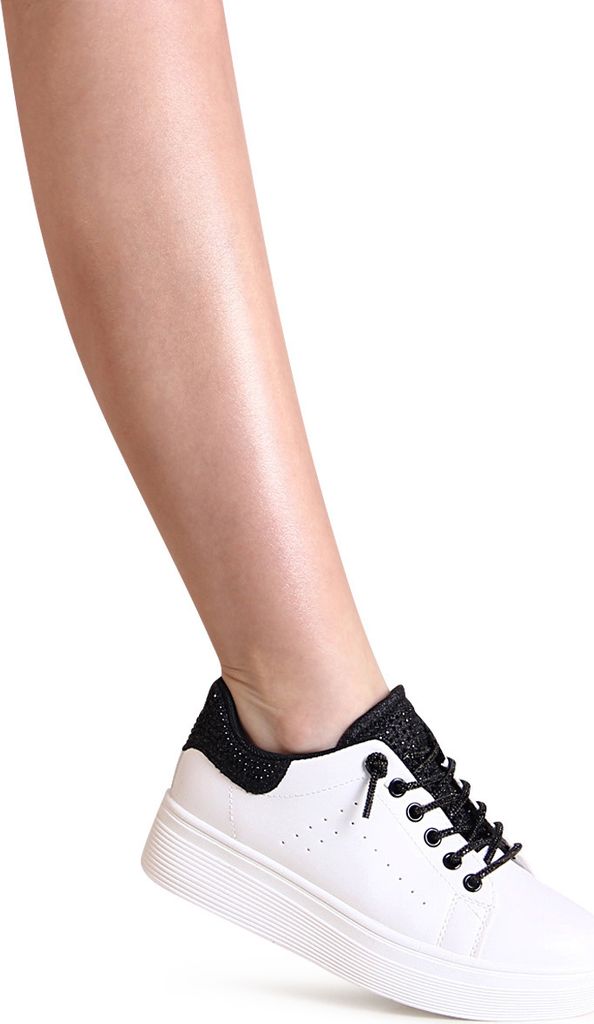 topschuhe24 2997 Damen Plateau Sneaker Glitzer Skater Turnschuhe , Farbe:Weiß, Größe:36 EU