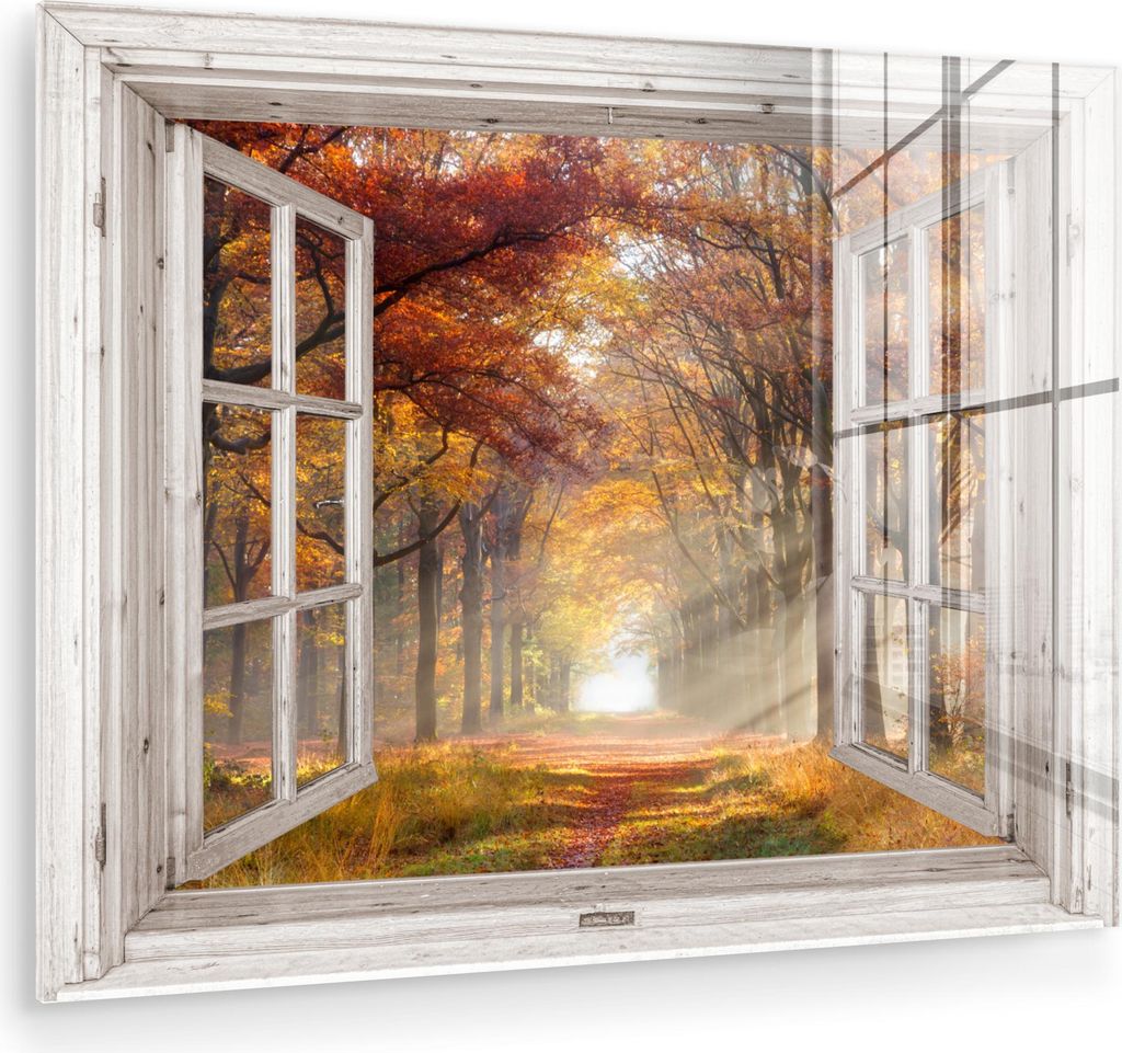MuchoWow Glasbilder - Bilder auf Wandbild - Foto auf Glas Herbst - Wald - Bäume - Natur - Ausblick 40x30 cm Wanddekoration aus Glas - Acrylglasbil...
