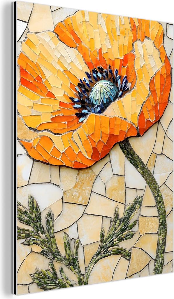 MuchoWow Wanddekoration Metall Metallbild Wandkunst 90x120 cm Mohnblumen - Orange - Mosaik - Blätter MuchoWow Aluminium Gemälde - Industrial