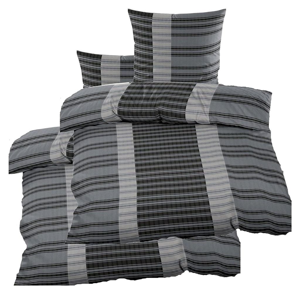 4-teiliges Seersucker Bettwäsche Set 2x 135x200 + 2x 80x80cm, grau, quergestreift, bügelfrei, Microfaser
