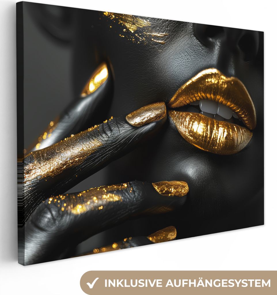 MuchoWow - Leinwandbilder - Lippen - Gold - Abstrakt - Schwarz - Frau, Wandbild, Wanddeko Bilder Wohnzimmer, 80x60 cm
