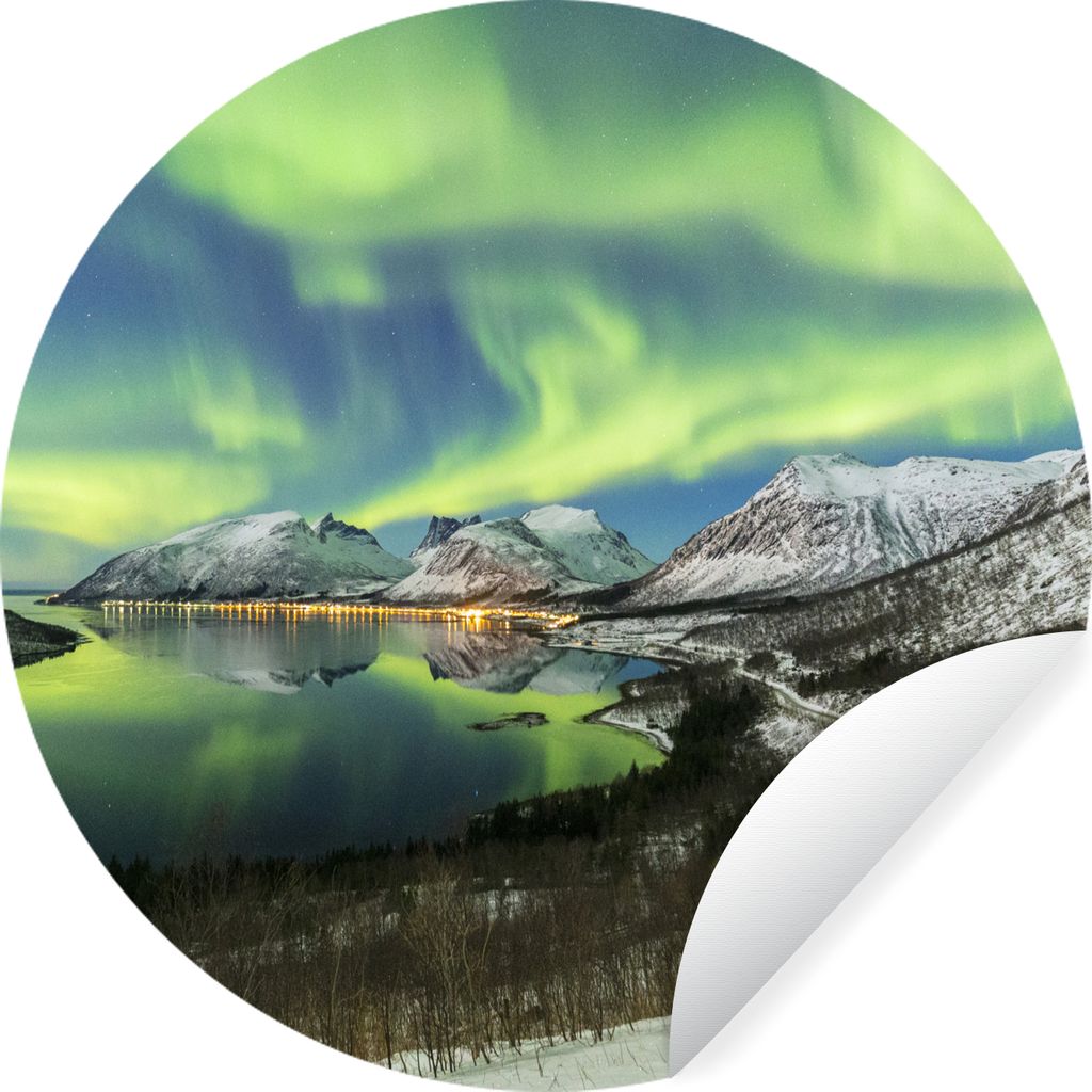 MuchoWow Runde Wandtattoo - Wandsticker Tapete Aufkleber Nordlichter - Fjord - Norwegen Ø 50 cm Selbstklebend und Repositionierbar - Wandaufkleb...