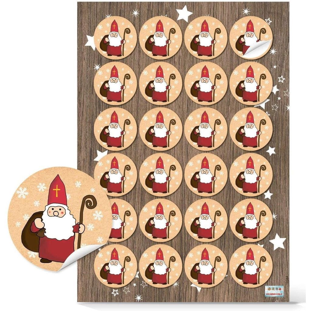 Logbuch-Verlag 24 kleine Nikolaus Aufkleber beige rot weiß - rund 4 cm - Nikolausaufkleber Weihnachtsmann Sticker als Verzierung für Nikolausgesc...