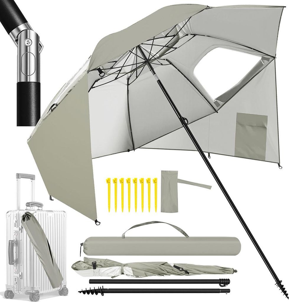 Faziango Strandschirm 210 cm Sonnenschirm mit UV Schutz 50+, neigbar mit Erdspieß und Tragetasche, wasserabweisender Gartenschirm für Strand, Gar...