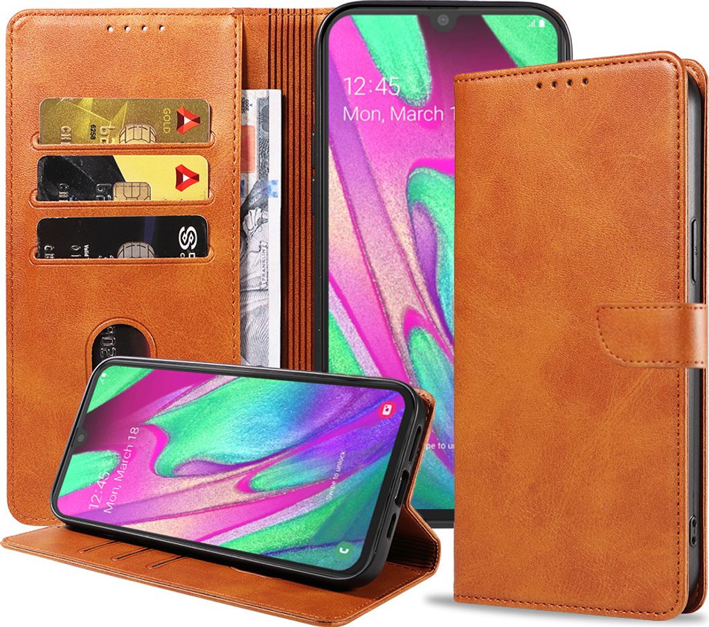 Smartphonica Samsung Galaxy A40 leren hoesje met magnetische sluiting en pashouders – Bruin
