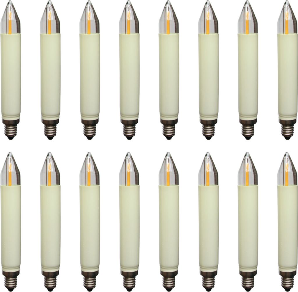 A grid of 16 LED filament shaft candles arranged in two rows of eight.