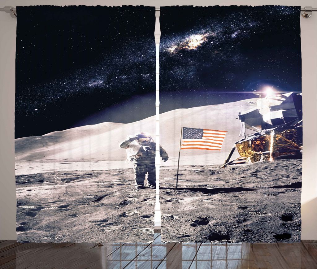ABAKUHAUS Platz Rustikaler Gardine, Astronaut auf Mond-Mission, Schlafzimmer Kräuselband Vorhang mit Schlaufen und Haken, 280 x 175 cm, Taupe Blau
