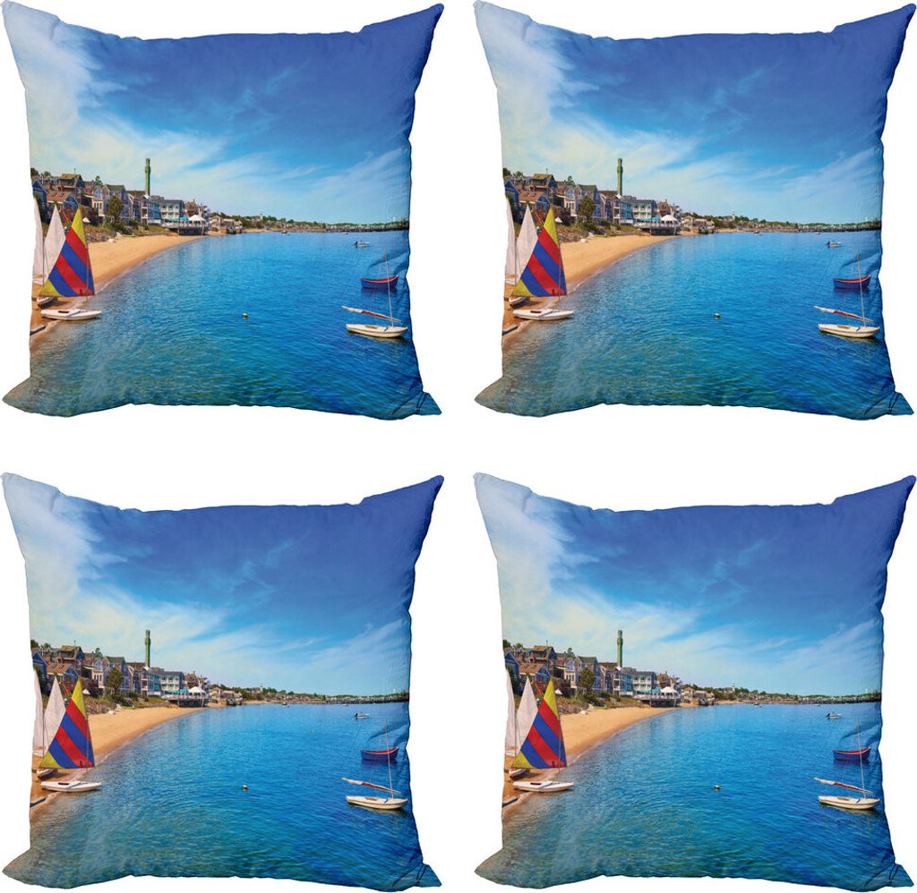 ABAKUHAUS Massachusetts Kissenbezug Set (4 Stück), Cape Cod Provincetown, Moderner Doppelseitiger Digitaldruck, 60 cm x 60 cm, Mehrfarbig